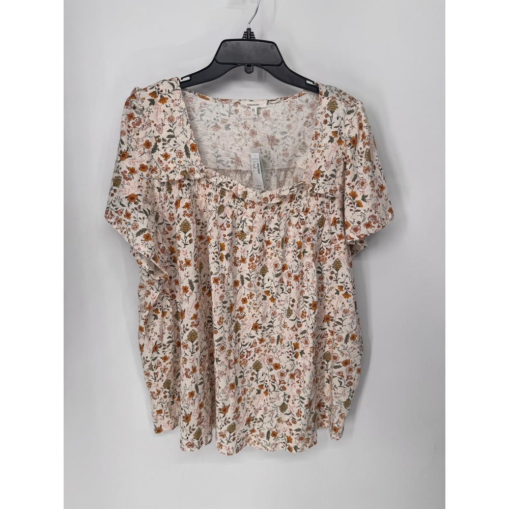 Maurices Blouse Womens 2X Cream NWT Floral Smocked Square Neck Cotton Slub Top